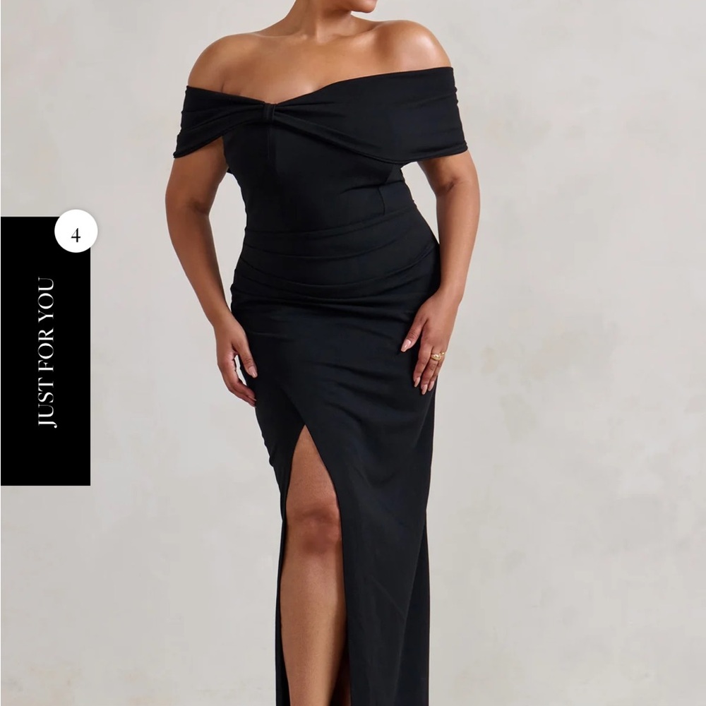 Club L London Eva Black Bardot Bow Detail Maxi Dress with Thigh Split NWT